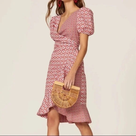 SACHIN & BABI Red Faux Wrap Dress Puff Sleeve Romance Ruffle Milkmaid Retro Sz 4 - Picture 1 of 10
